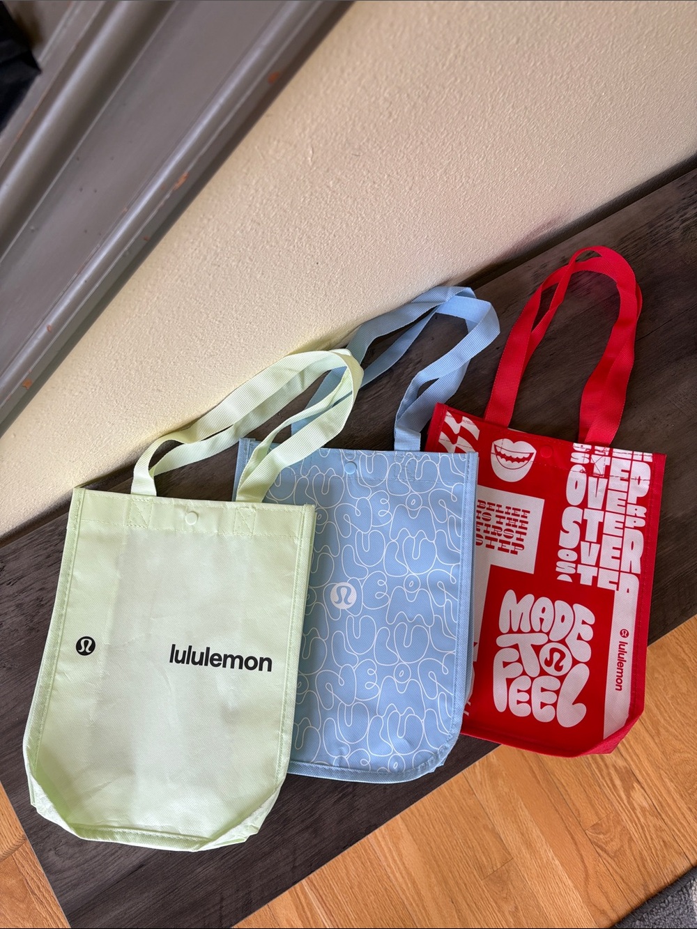 Lululemon Lot of Three Reusable Tote Set in Yellow, Red and Light Blue